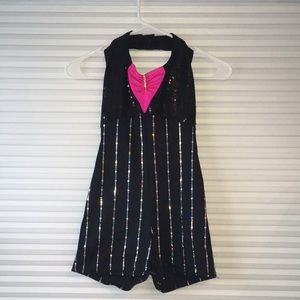 Costume Gallery Black and Silver Sequin Pinstriped Halter Neck Biketard